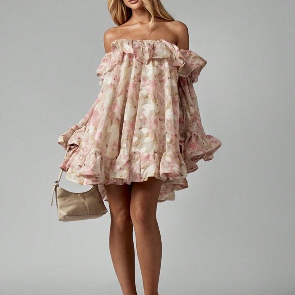 Pink Boho Women's Floral Chiffon Bardot Mini Off Shoulder Ruffle Dress - Picture 4 of 6